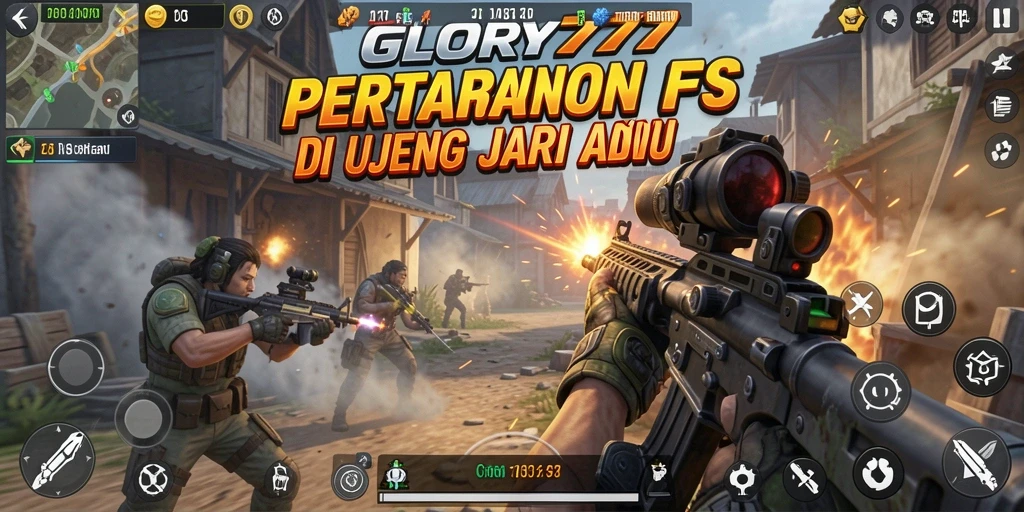 Screenshot gameplay <strong>GLORY777</strong> yang menampilkan adegan pertempuran FPS yang intens.