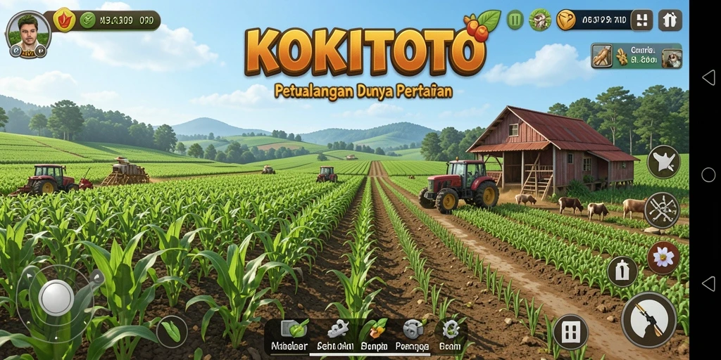 Tangkapan layar KOKITOTO menampilkan aktivitas seru di ladang pertanian.