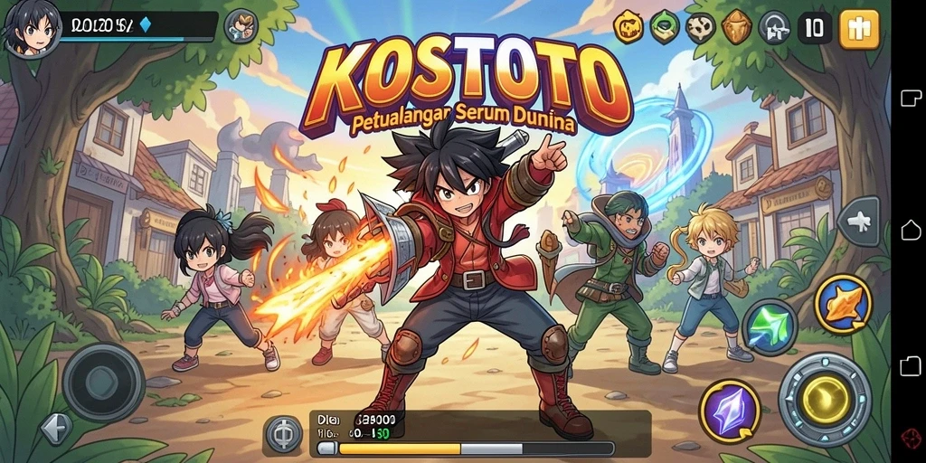 Tampilan gameplay KOSTOTO yang penuh warna dan dinamis.