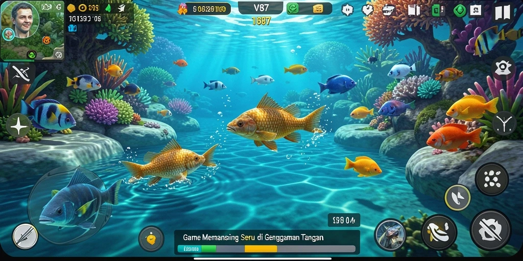 Gameplay V87 menampilkan aksi memancing yang mendebarkan dan realistis.