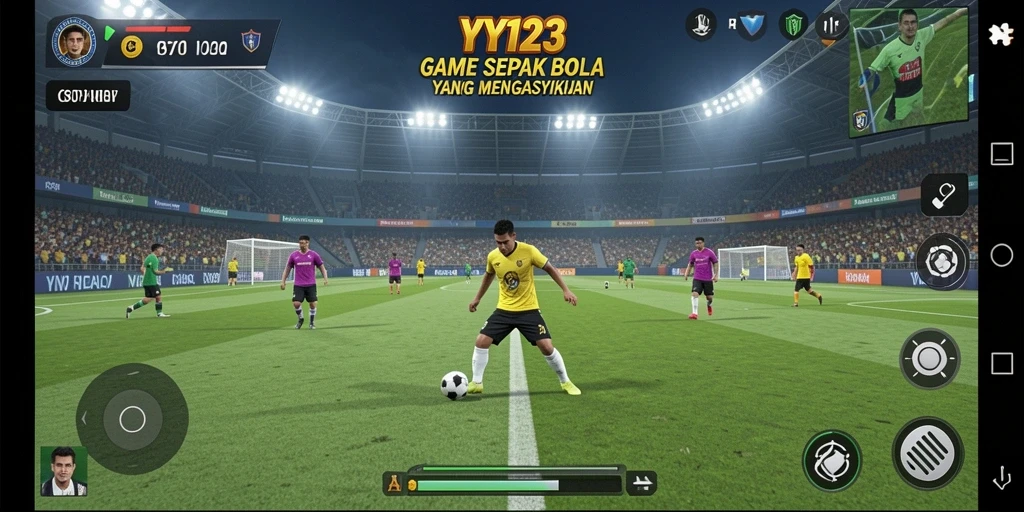 Tangkapan layar gameplay YY123 menampilkan aksi seru sepak bola.
